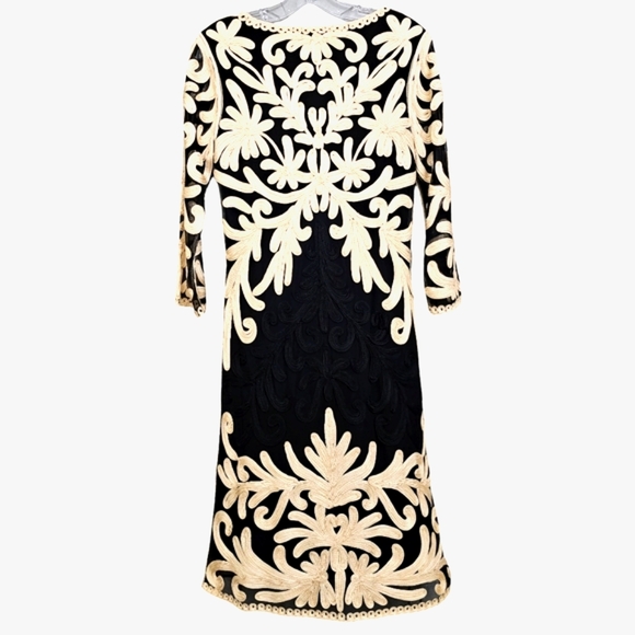 Nwot Weavz Black Mesh/ Creme Soutache Ribbon Embroidered Detail 3/4 Sleeve Dress - Picture 10 of 15